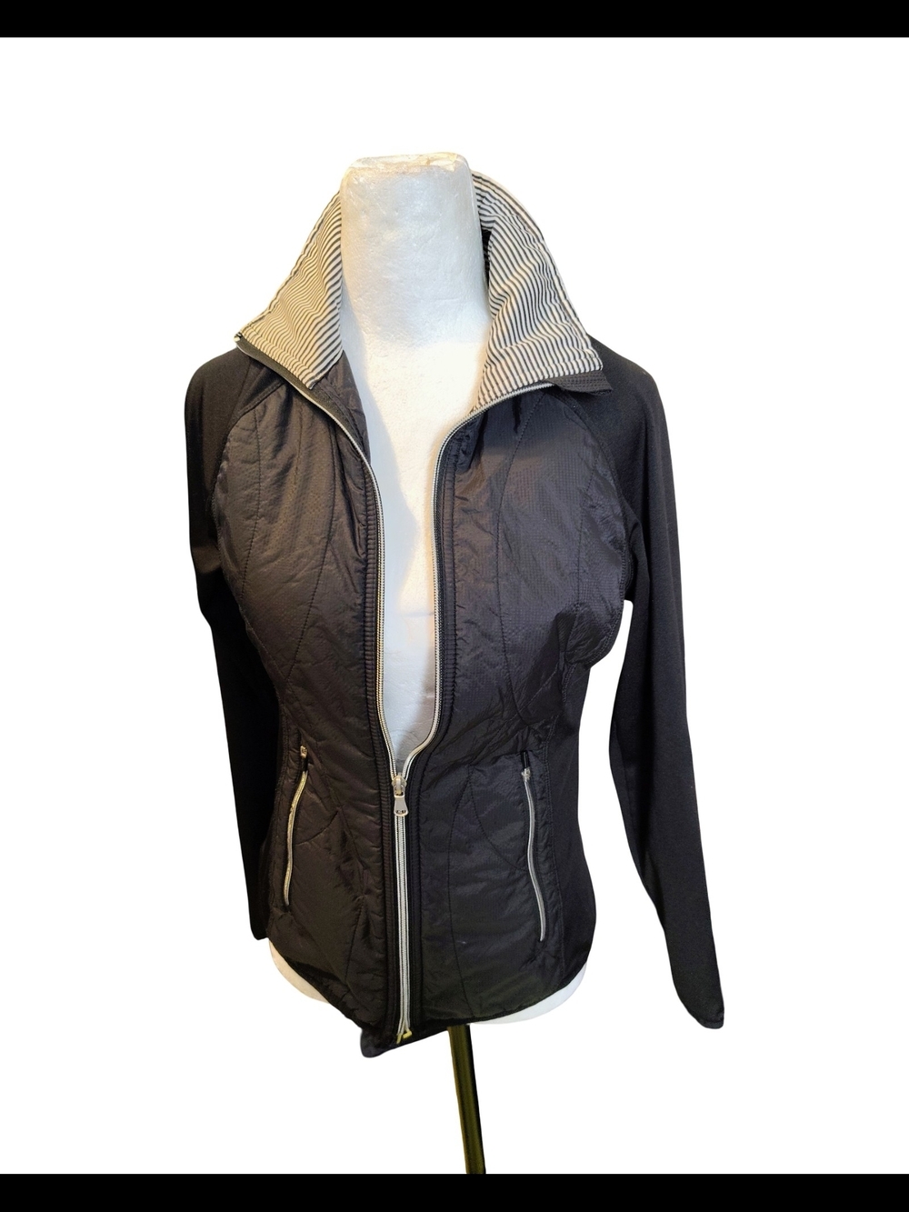 Calvin Klein Black Quilted Jacket with Striped Stand Collar